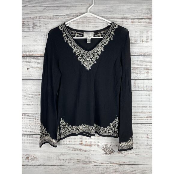 Talbots Vintage Long Sleeve Top Embroidery Italian Yarn Small Black Boho Western - Picture 1 of 8